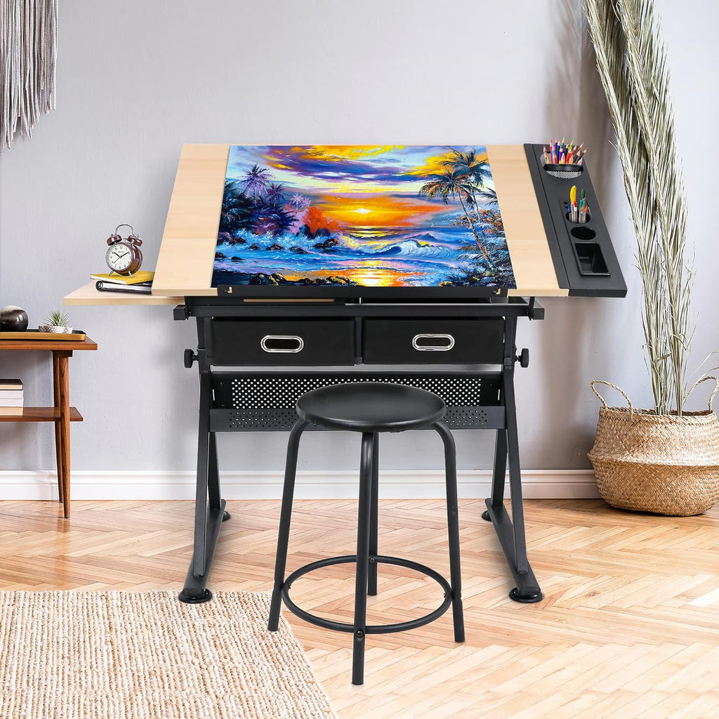 Adjustable Height Drafting Desk Drawing Table Tiltable Tabletop for Reading, Writing Art Craft w/Stool and Drawers