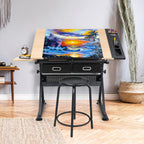 Adjustable Height Drafting Desk Drawing Table Tiltable Tabletop for Reading, Writing Art Craft w/Stool and Drawers