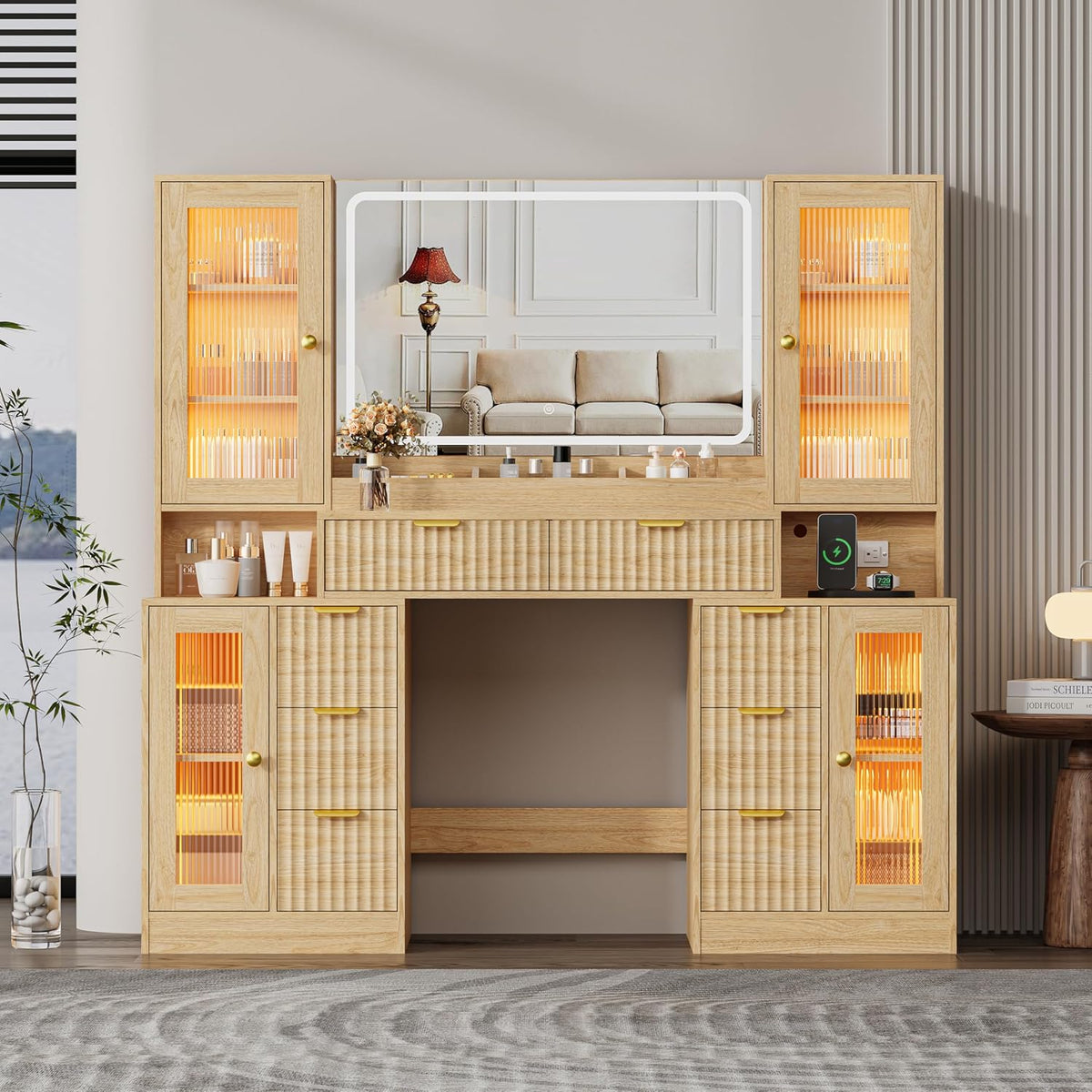 Fluted Makeup Vanity Desk with Mirror and Lights, 55" Glass Top Vanity w...