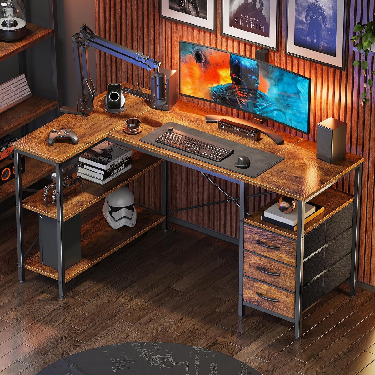 Huuger L Shaped Office Desk with Power Outlets & 3 Drawers