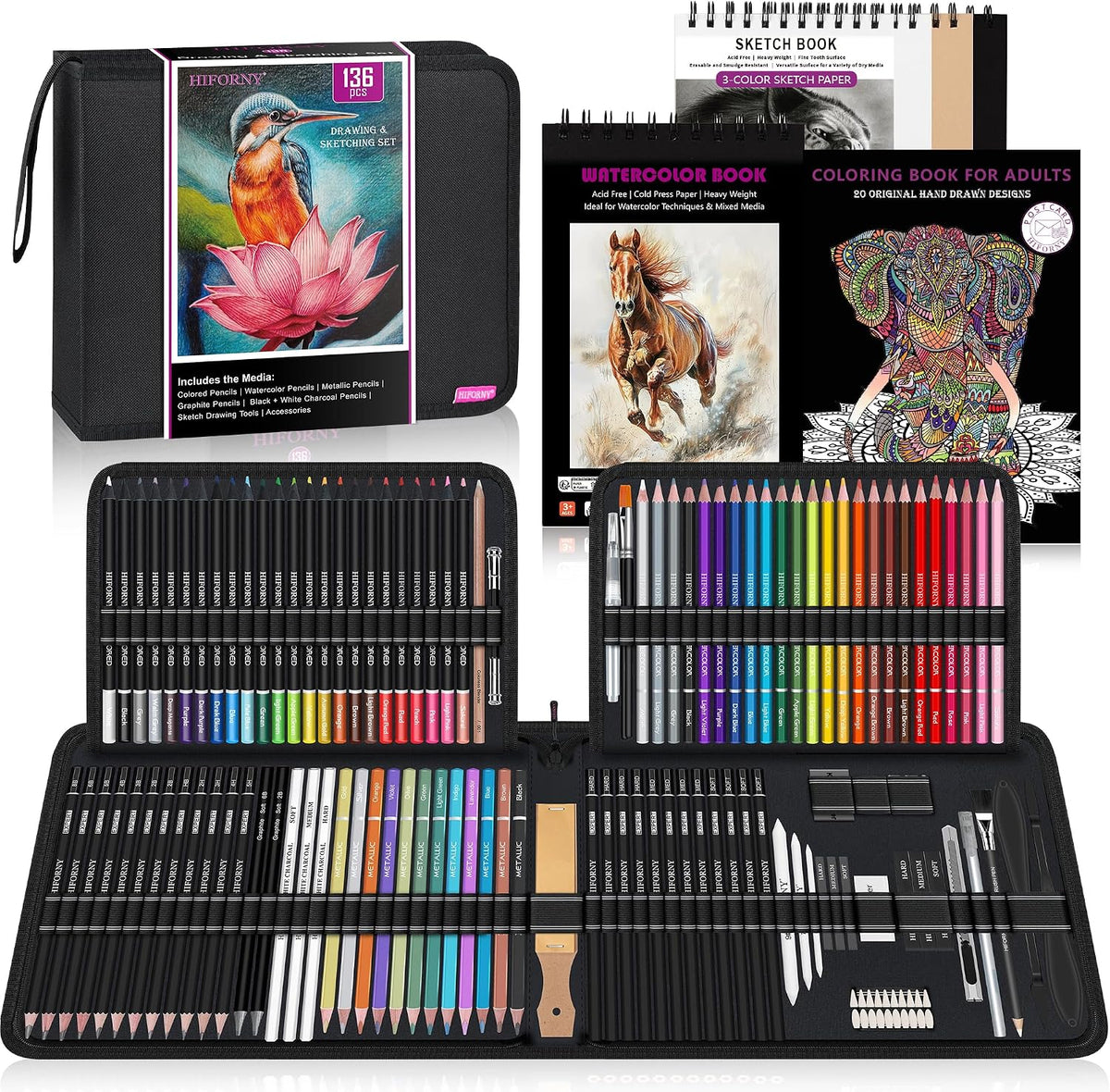 hiforny 136 pcs drawing & sketching set,pro art, main product view