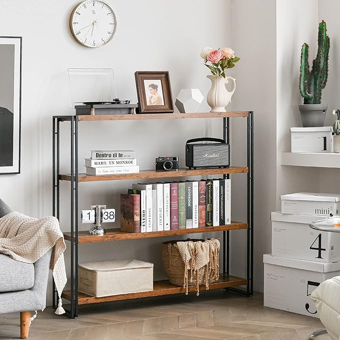 HCHQHS Bookshelf, 4-Tier Industrial Bookcase, Rustic Wood and Metal Open - Image 2