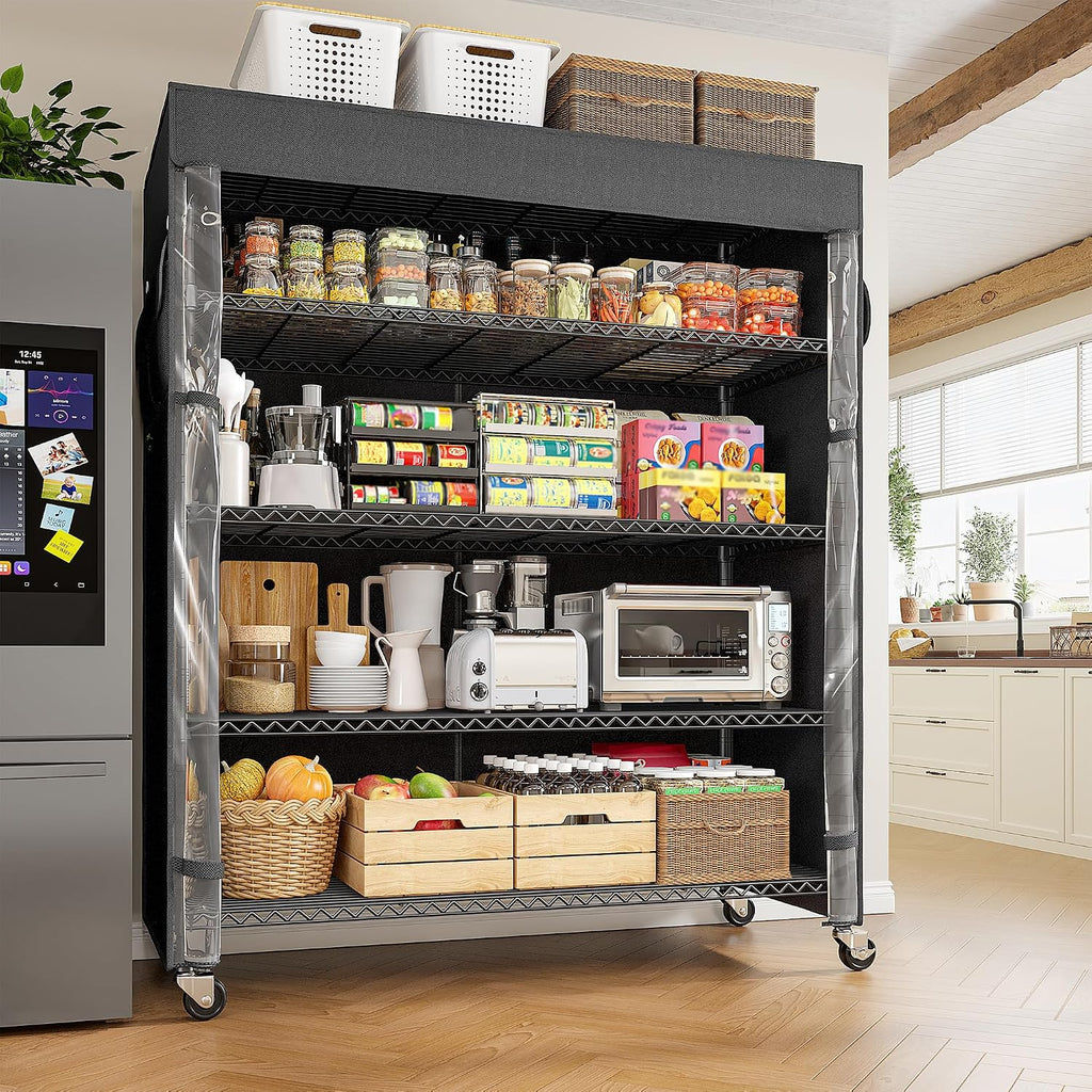 reibii 45"w 5-tier storage shelves with cover & shown in use