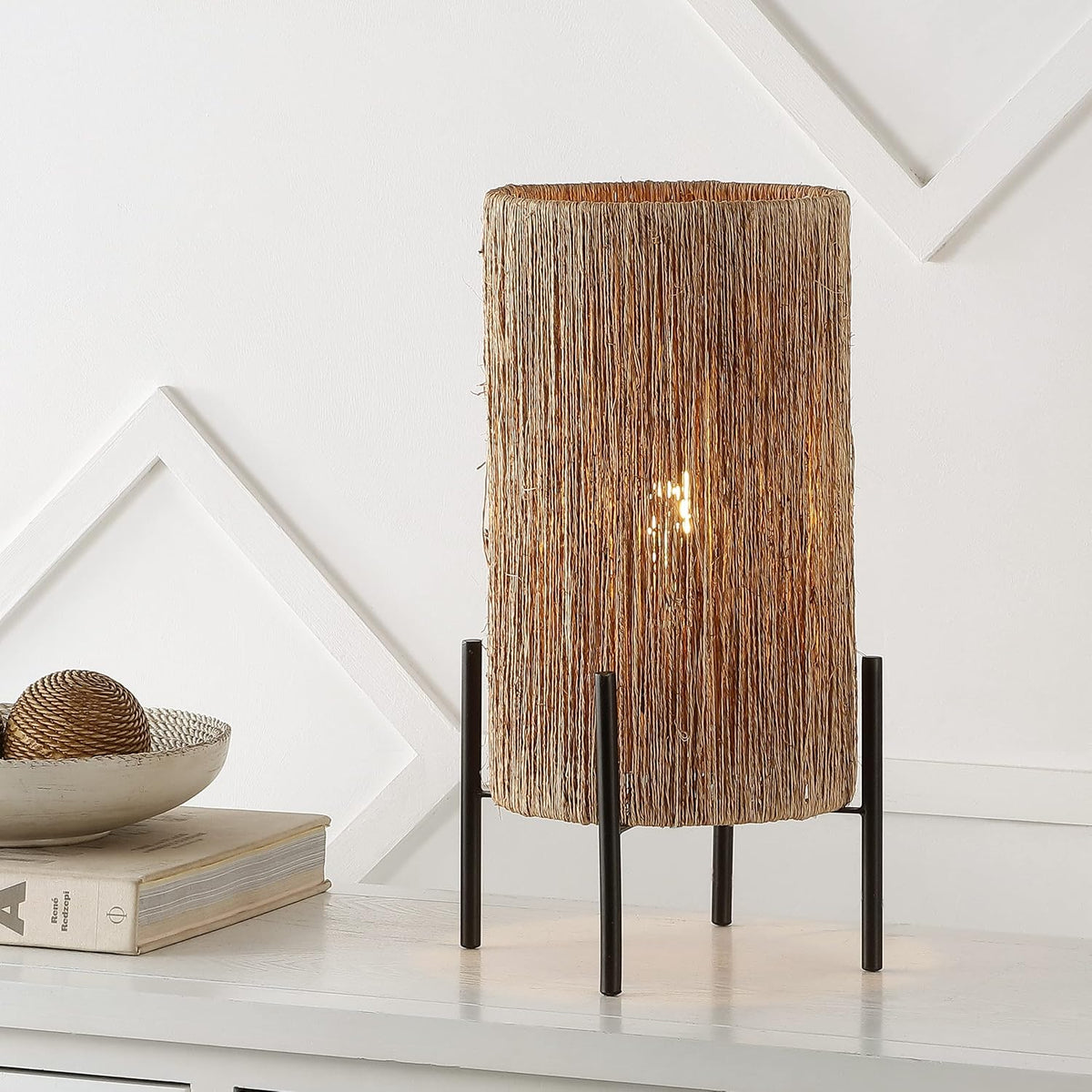 JONATHAN Y Kai Table Lamp Coastal Minimalist Rattan 16.5", Light Brown