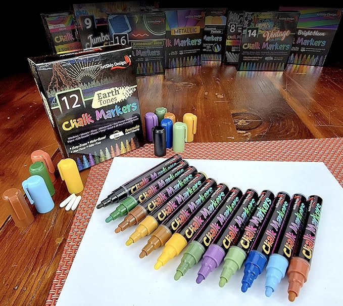 12 Earth Tone Chalk Markers Double Pack of Both Fine and Reversible Medium Tip - Image 2