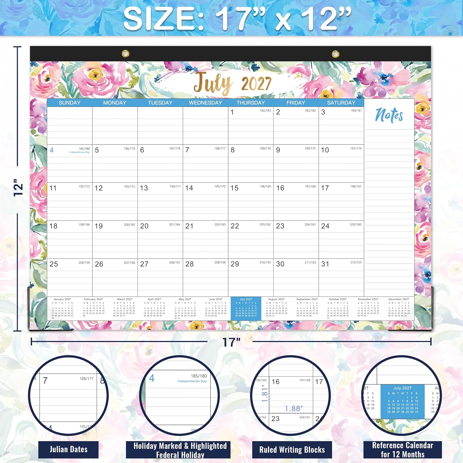 2027 Desk Calendar - Jan. 2027 - Dec. 2027, 12 Months Large Monthly Desk Calendar 2027, 17" x 12", Desk Pad, Large Ruled Blocks, To-do List & Notes