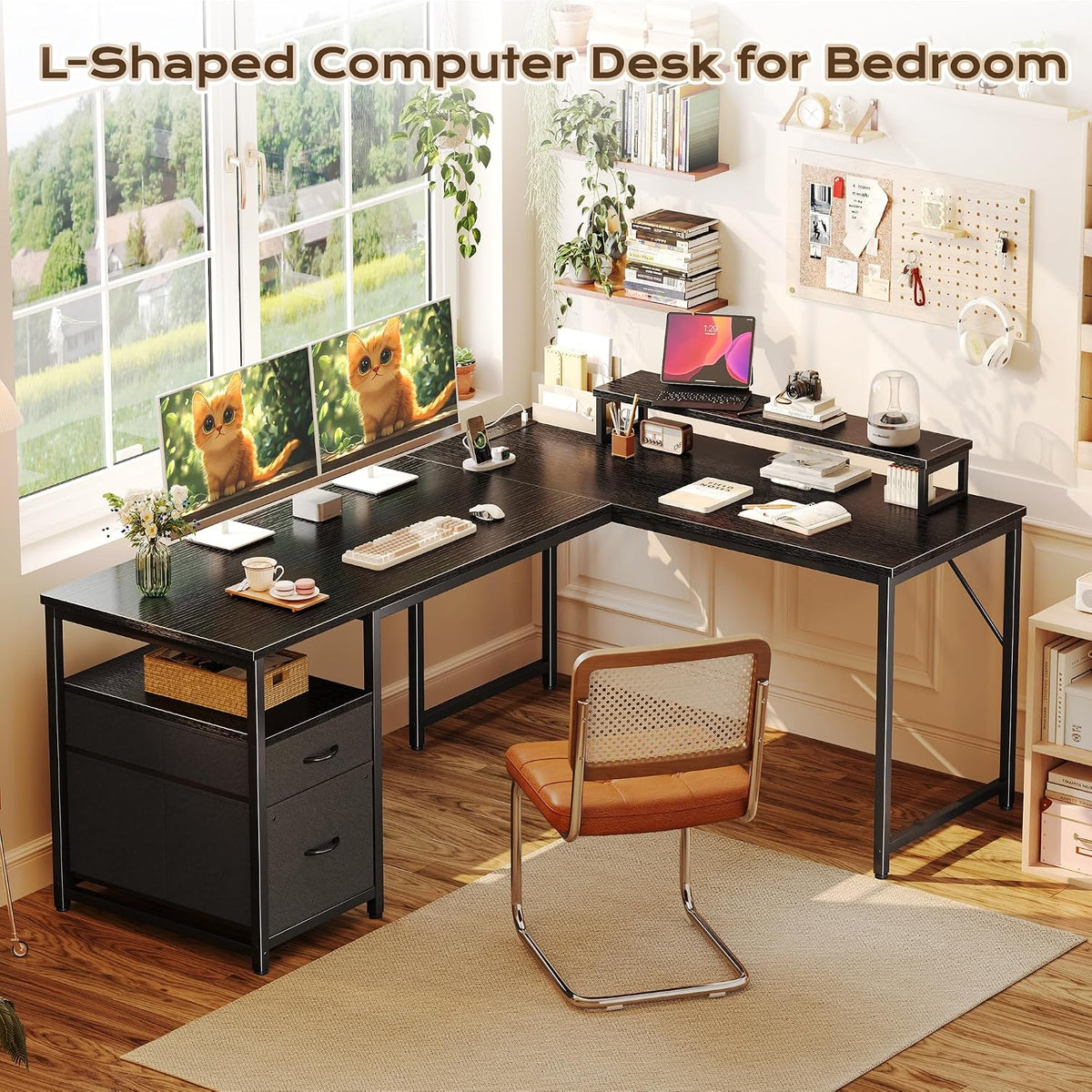 PRAISUN 55 Inch L Shaped Desk with Power Outlets and USB-C Port, Computer Cor...