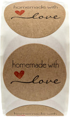 1.5" Round Natural Brown Kraft Homemade with Love Stickers / 500 Brown Kraft Labels Roll/Made in The USA