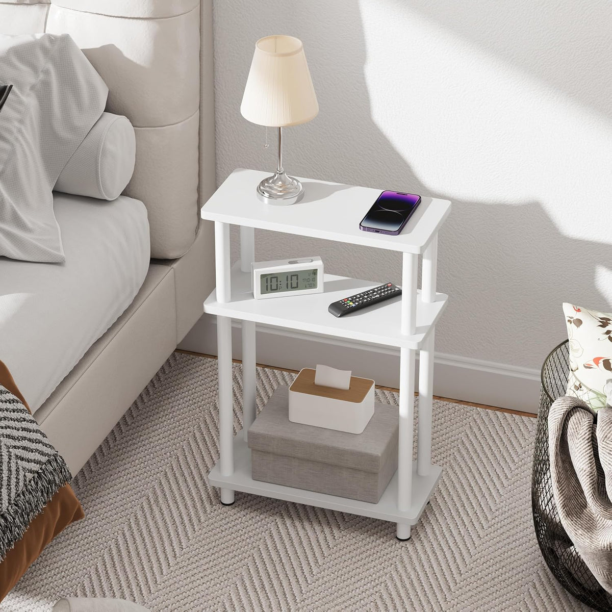 Apicizon Small Narrow Side Table, 3-Tier Skinny End Table, White