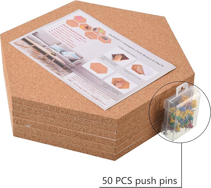 SUNGIFT Hexagon Cork Board Tiles Self Adhesive 6 Pack - Image 6