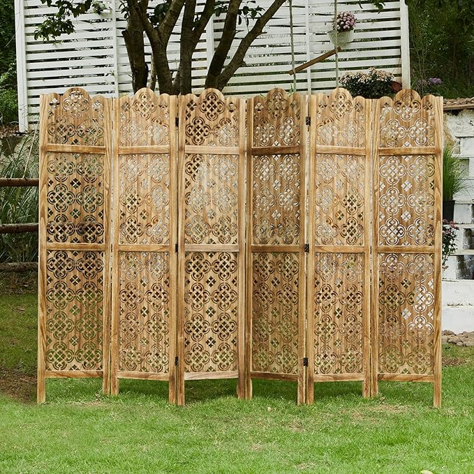 68.9Inch Folding Room Divider, 6 Panels Wood Carved Privacy Screens, Free - Image 6