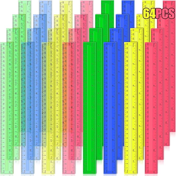 Ruler, 64 Packs 12 Inch Clear Plastic Assorted Color Metric Bulk Rulers by Duchong