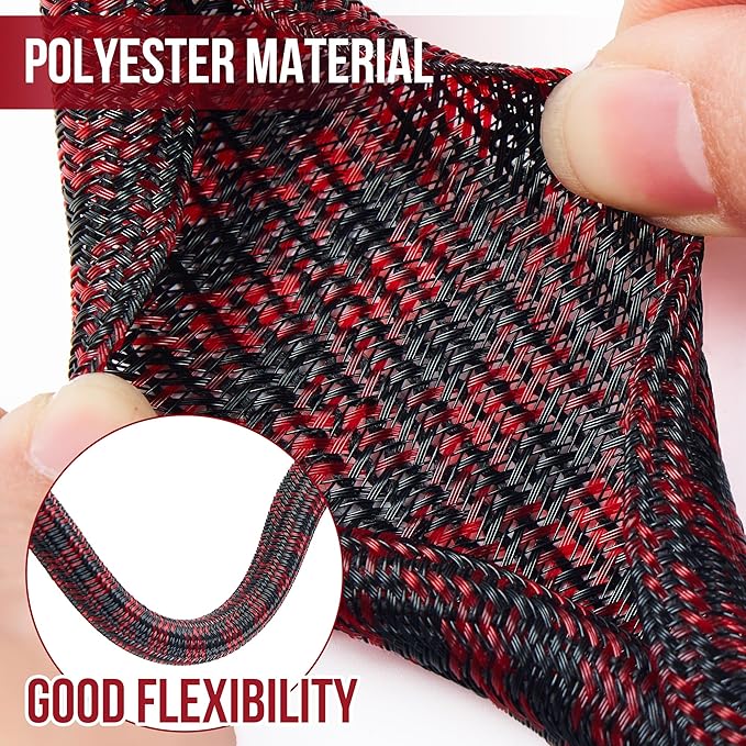 QCSIW Split Cable Sleeve, 25ft x 1 inch Black Red Braided Wire Loom - Image 3