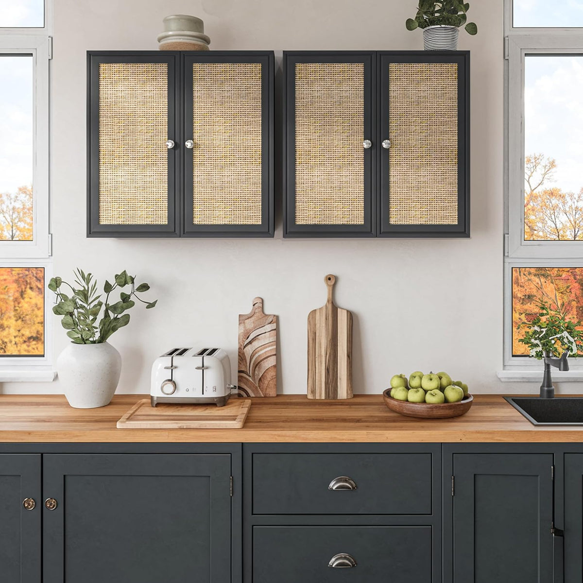 furnaza 48" w rattan wall cabinets for laundry showing dimensions