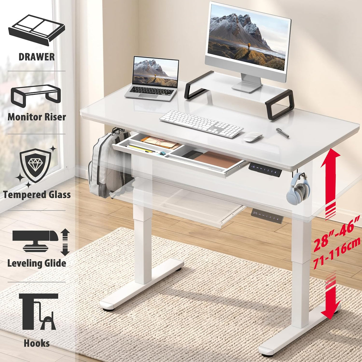 SHW 47-Inch Glass Electric Height Adjustable Standing Desk, White