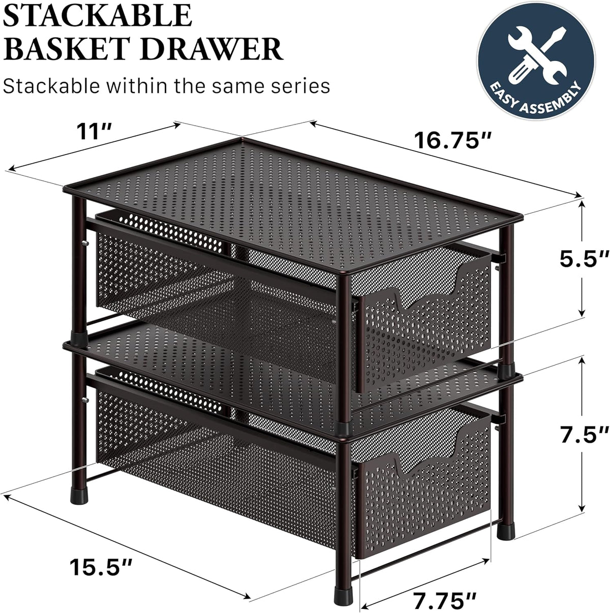 Simple Houseware Stackable Cabinet Basket Drawer Organizer, Bronze