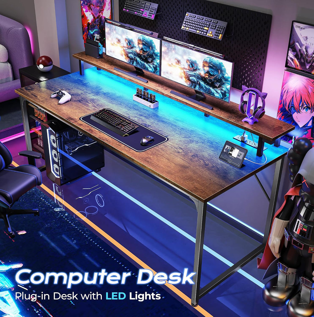 PRAISUN 55 inch Gaming Desk, LED & Outlets, Monitor Stand, Rustic Brown