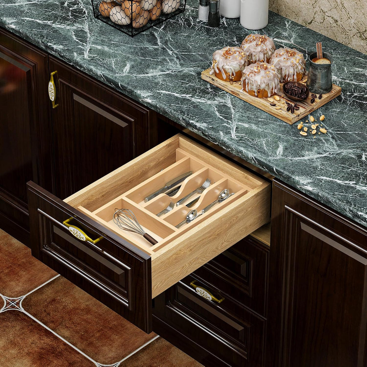 Clikuutory Natural Birch Wood Utensil Drawer Insert Organizer with 7 Compartm...