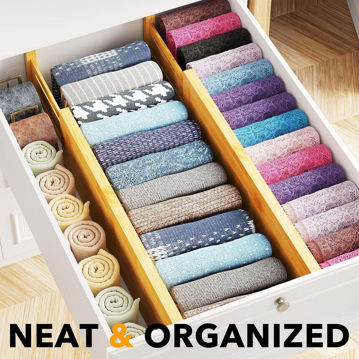 SpaceAid Bamboo 4 Pack Dresser Drawer Dividers, 4.65“ High Adjustable 17“-22”...