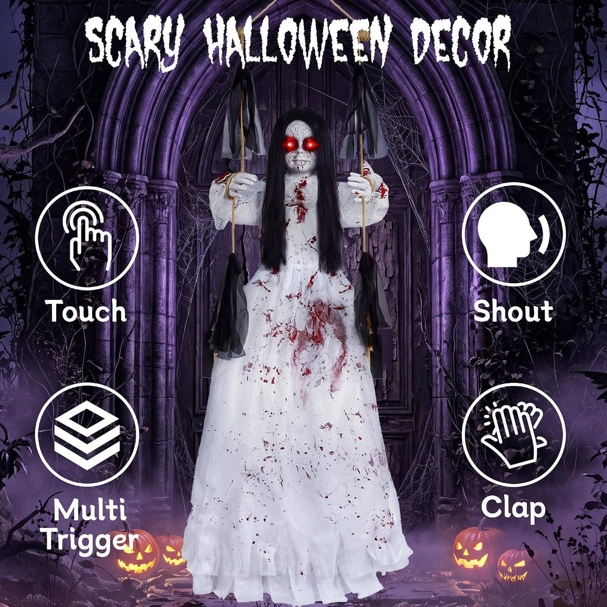 Halloween Decorations Outdoor, Scary Hanging Swinging Girl Props Sound & ...