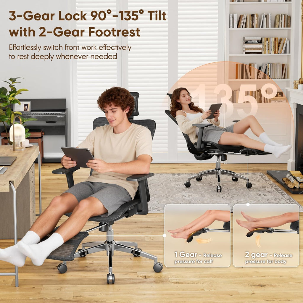 gabrylly ergonomic office chair with footrest, 135° reclining showing dimensions