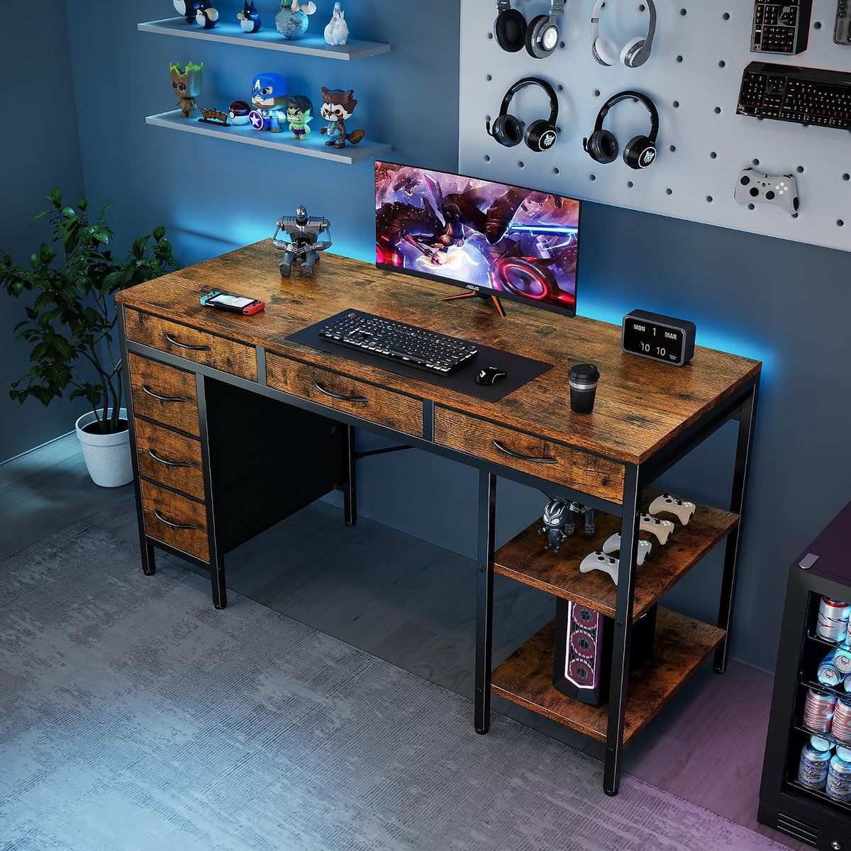 Sweetcrispy 55" Computer Desk with 6 Fabric Drawers & Storage Shelves
