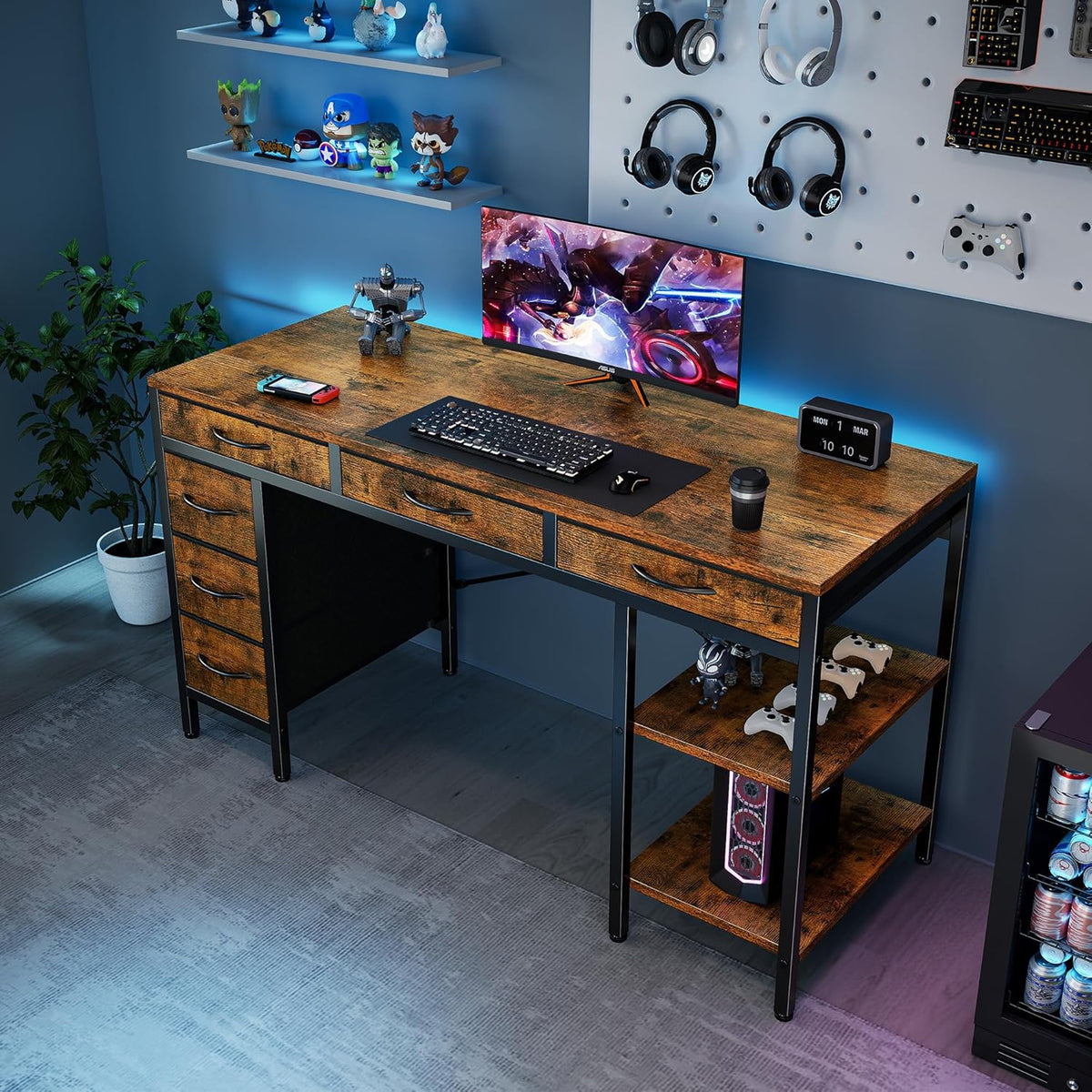OLIXIS 55 Inch Computer Desk with 6 Fabric Drawers, for Home Office Work