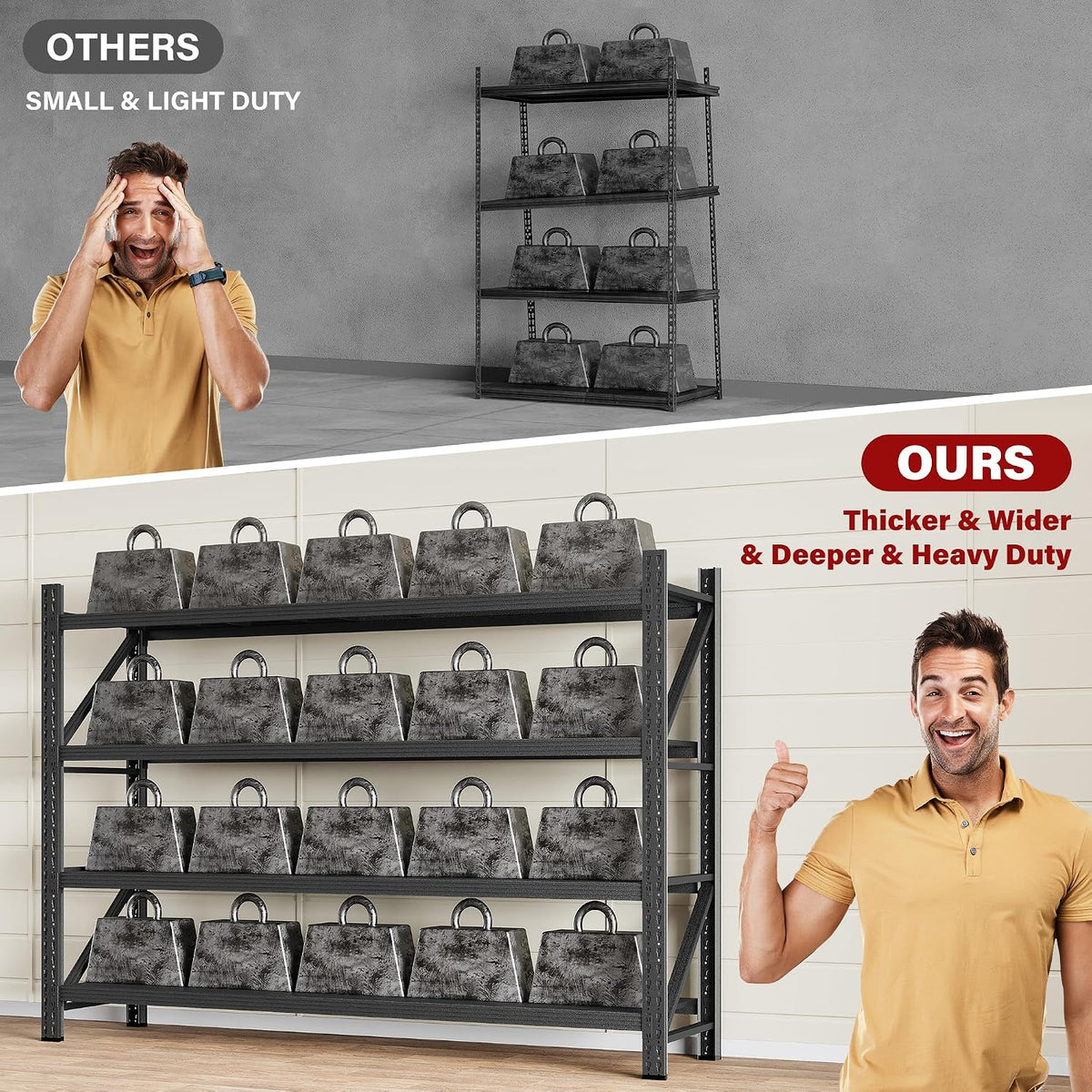 71.3" wide heavy duty garage shelving units,5000lbs deep, front angle view
