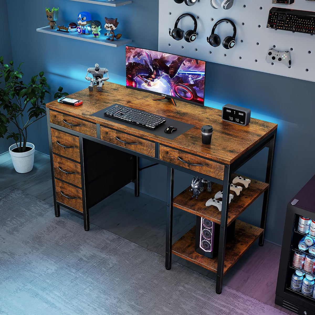 Sweetcrispy 47" Computer Desk with 6 Fabric Drawers & Storage Shelves