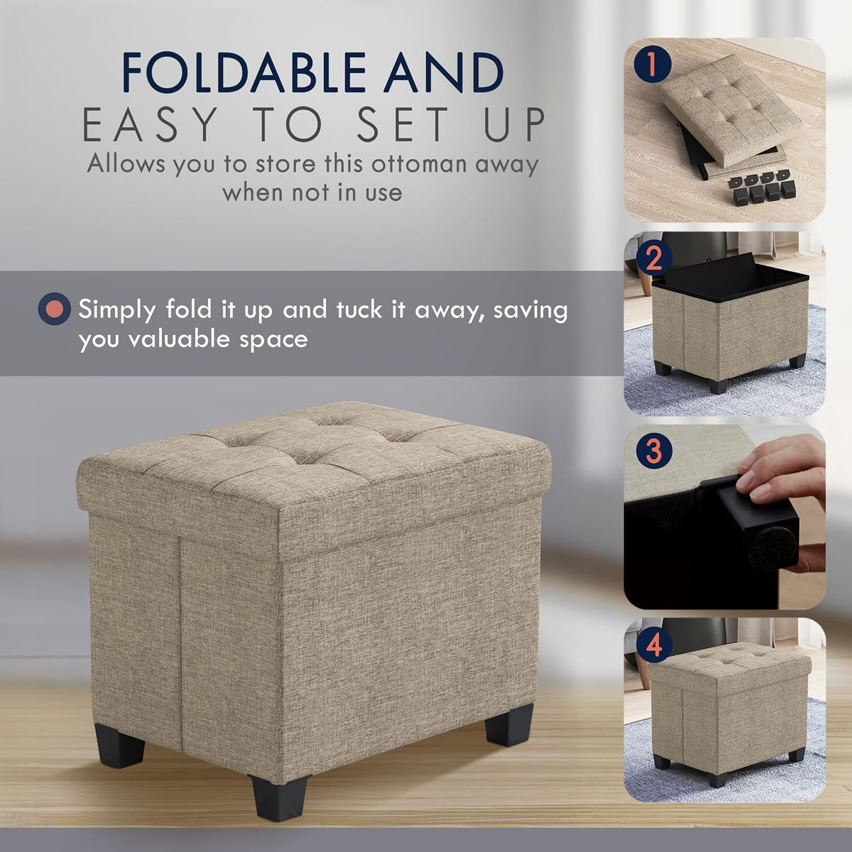 Ornavo Home Small Rectangle Storage Ottoman with Legs, 12x16x12, Tan/Taupe