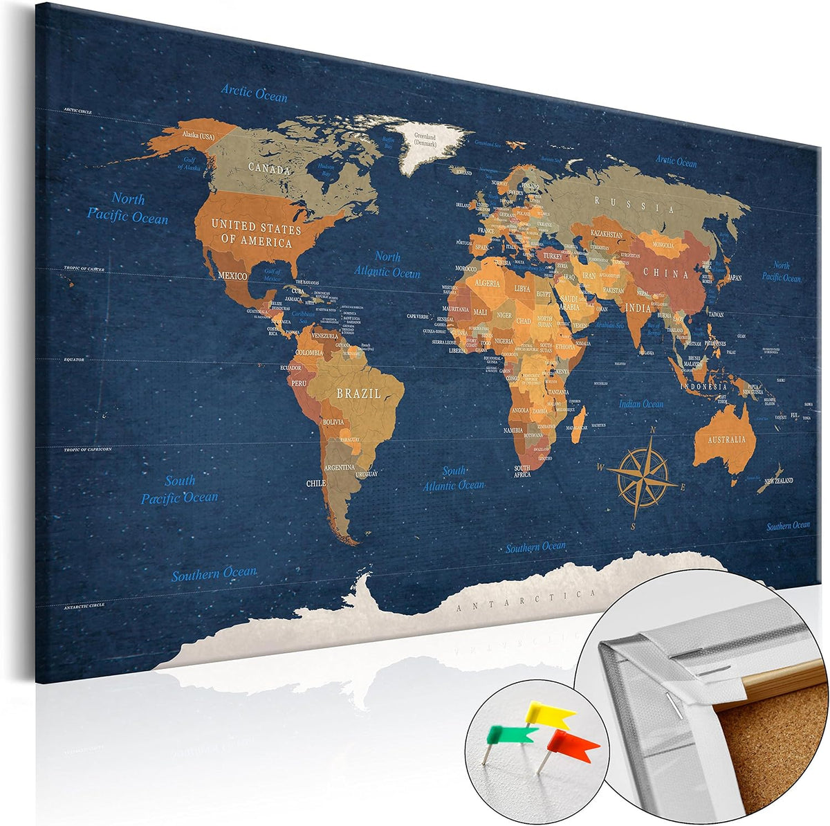 artgeist - Push Pin World Map Cork Board & Canvas Wall Art, Office 35x24 in