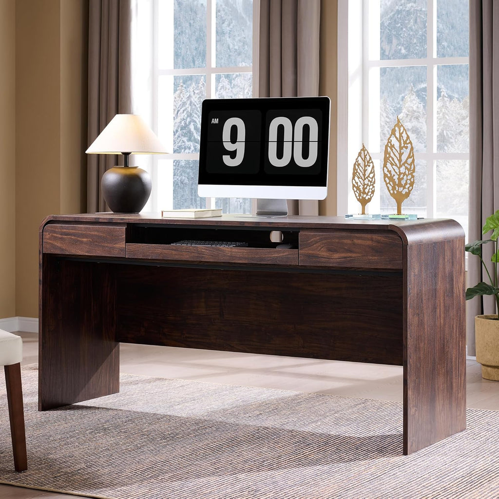 63" Modern Computer Desk with 2 Drawers, Wood Curved (Brown) | Executive Desk with Keyboard Tray & Power Outlet, Writing Desks with Storage for Home Office, Study Room, Living Room