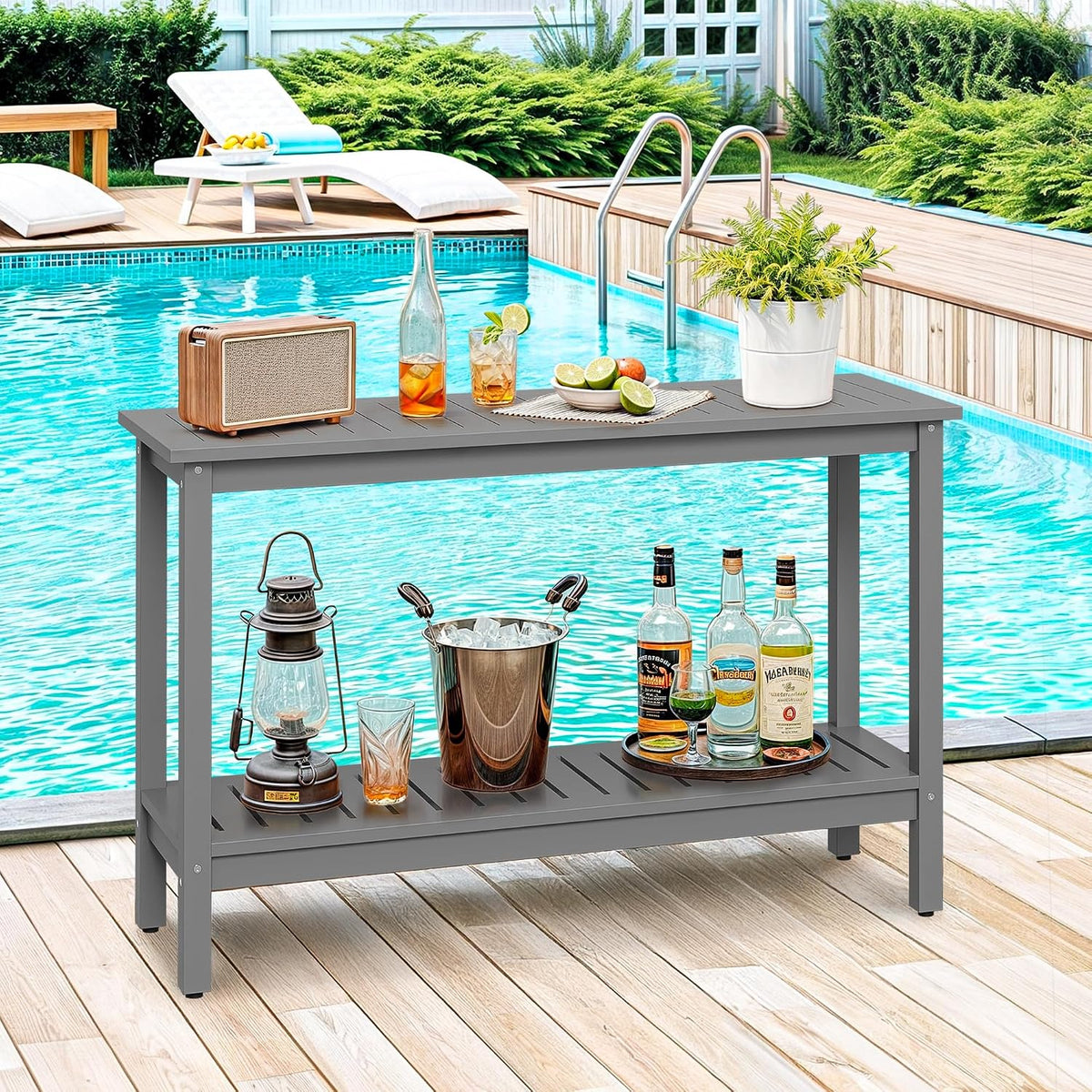 SUPER DEAL 48 inch Outdoor Console Table, 2-Tier Solid Wood Side Table Multif...