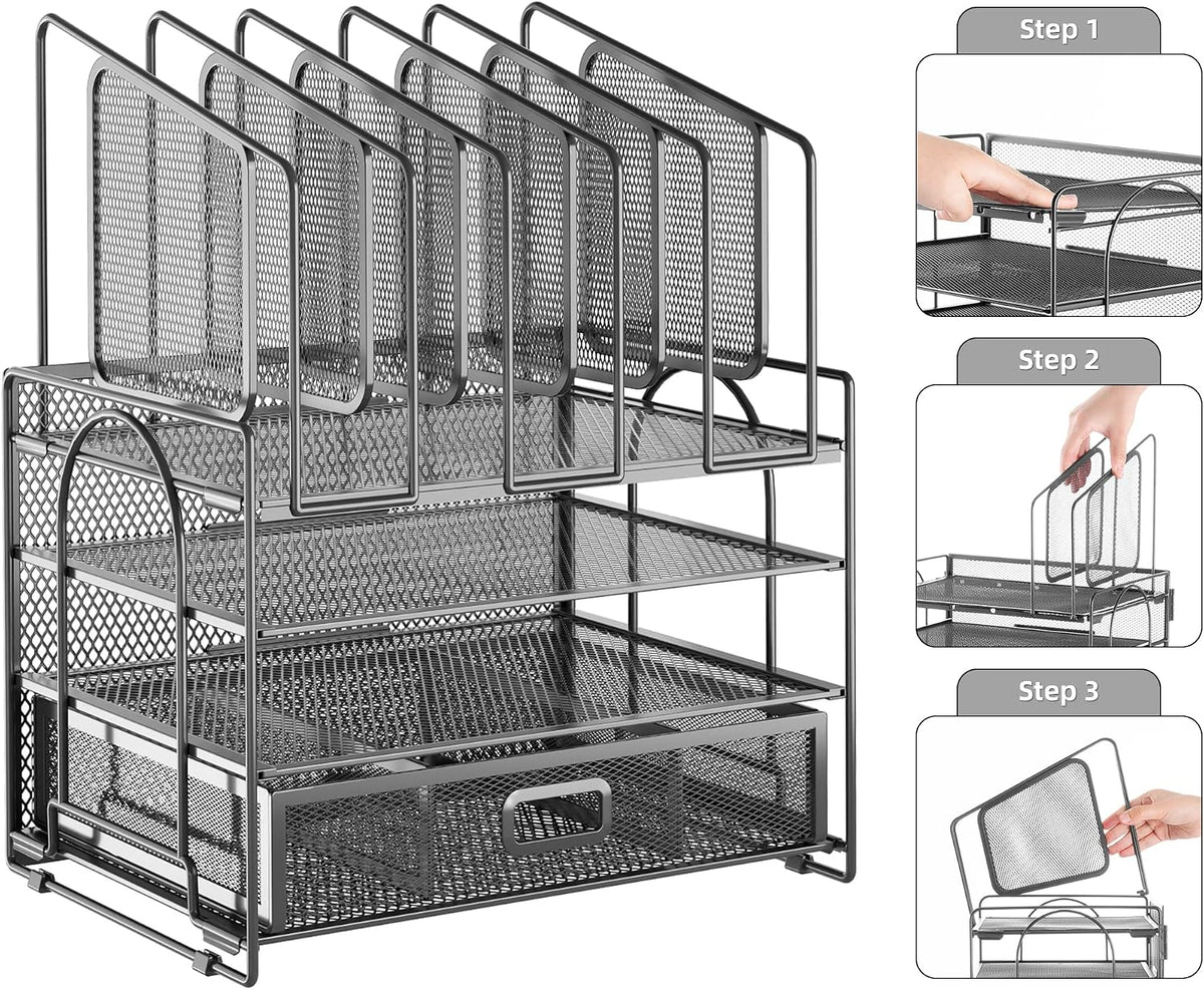 Marbrasse Desk Organizers, 4-Tier Mesh Desk File Organizer with 5 Vertical Fi...