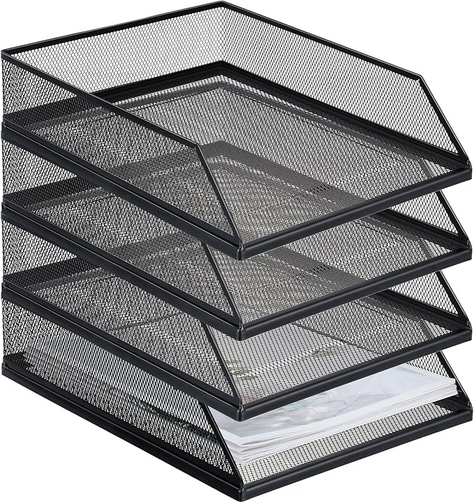 Hicarer 4 Pcs Black Metal Letter Tray Stackable Desk Tray Single Wire Mesh by Hicarer