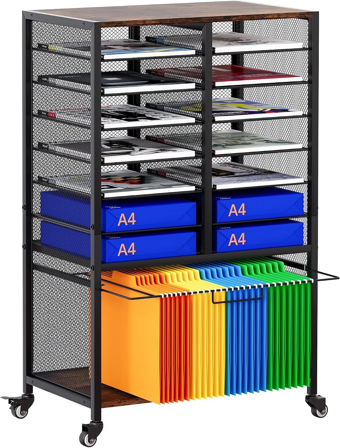 EasyPAG Rolling File Cart with 14 Slot Mail Organizer, Under Desk Storage with