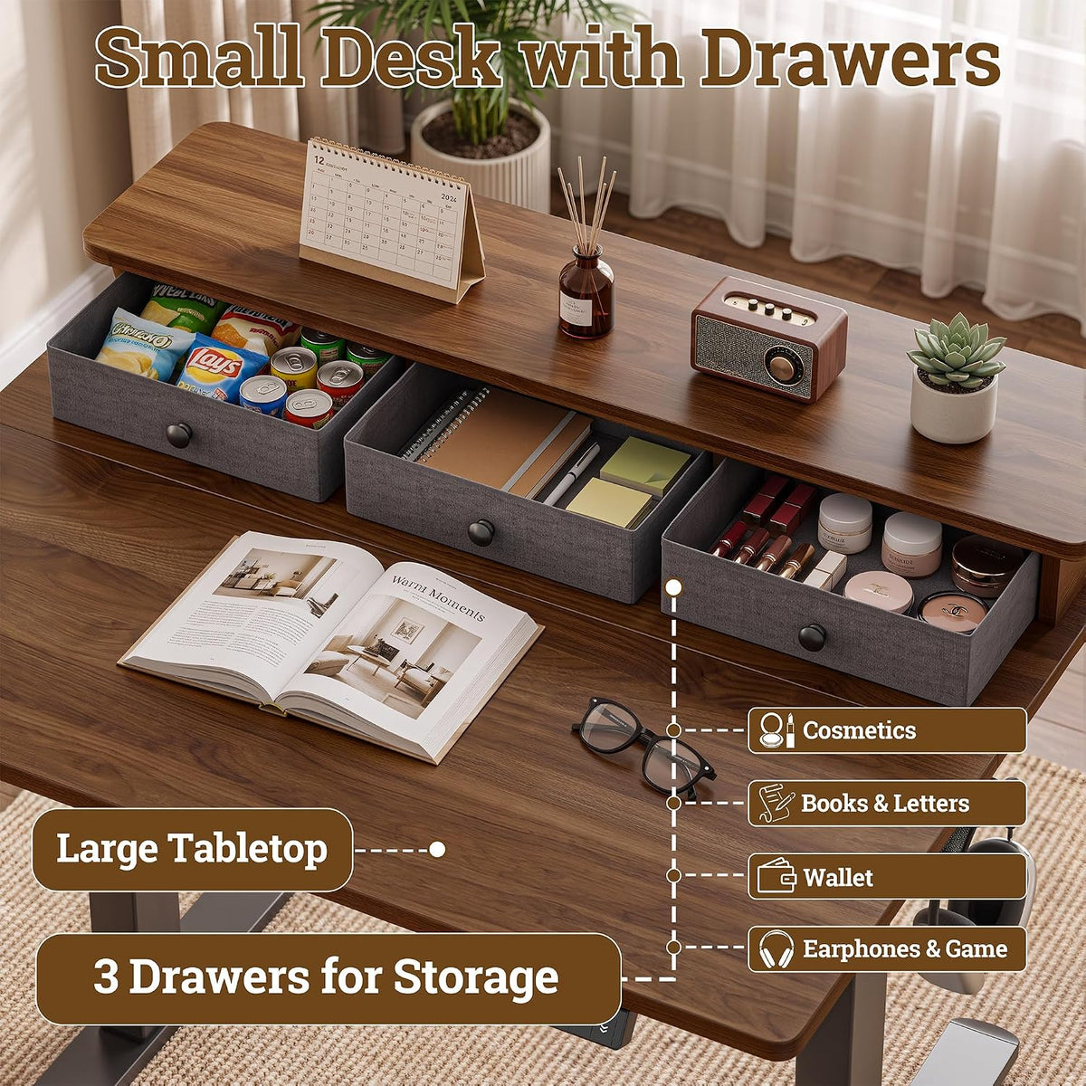TIQLAB Small Standing Desk with 3 Drawers, 40" Computer Desk Vanity, Walnut