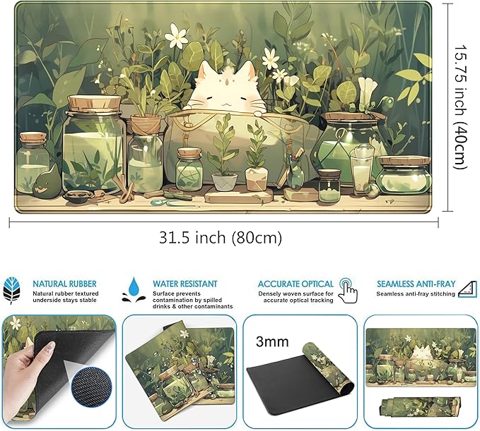 Cute Desk Mat Green Plant Cat Kawaii Sage Mouse Pad Gaming XXL Large Mousepad - Image 3