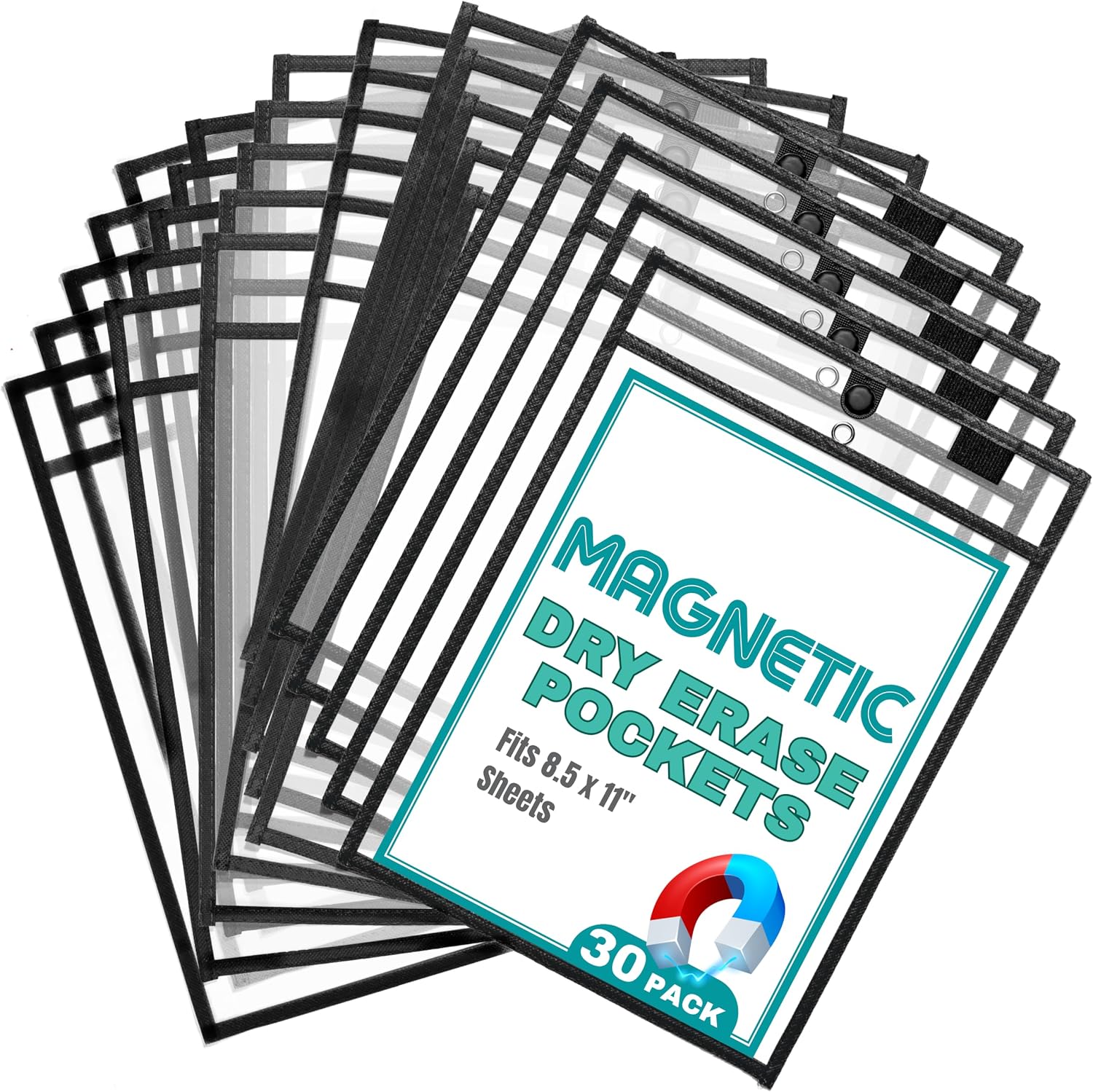 Magnetic Dry Erase Pockets by Two Point (30-Pack) - Portrait - Black Dry Erase Pocket Sleeves, Job Shop Ticket Holders, Clear Paper Sleeves Protector, Magnetic Pouch