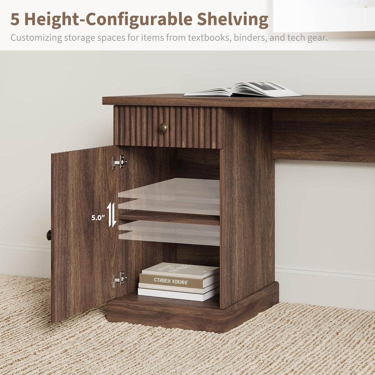 Garvee 60" Fluted L Shaped Desk with File Drawer, Corner Desk with Storage
