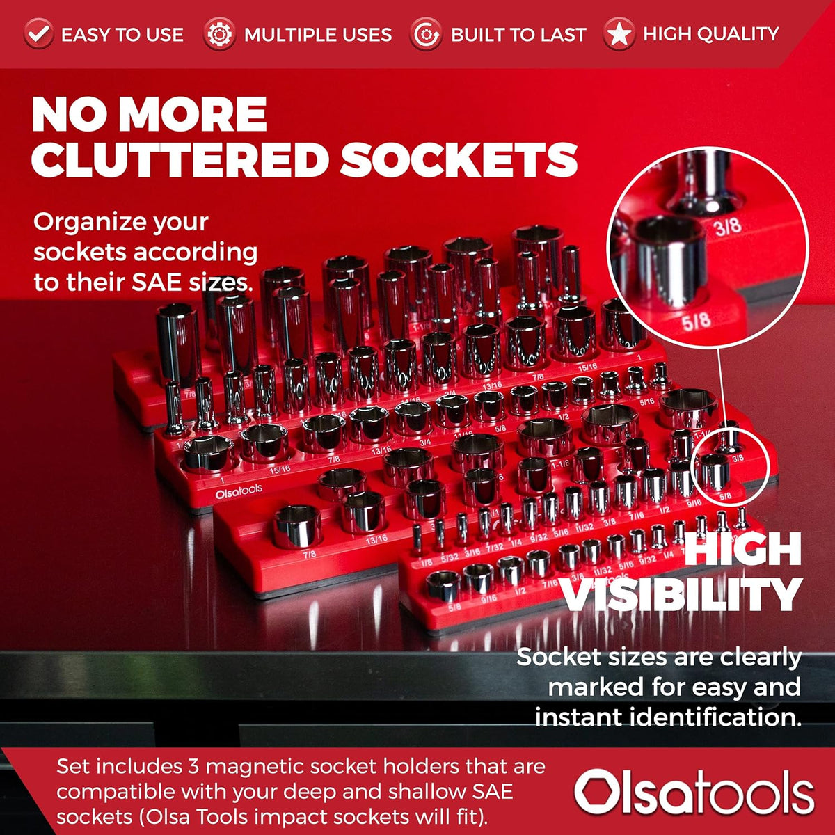 Olsa Tools Magnetic Socket Organizer - 3 Piece Socket Holder Kit - 1/2-Inch -...