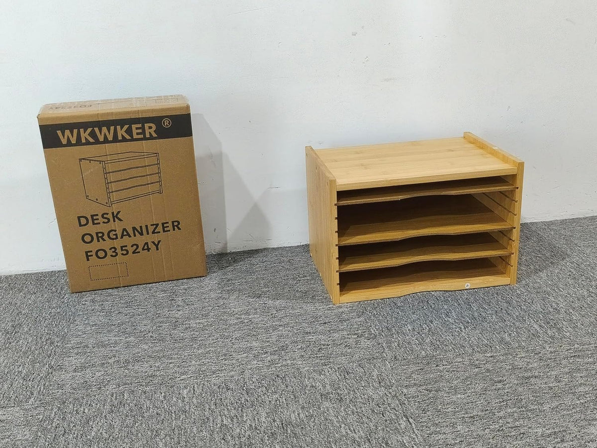 WKWKER File Organizer with 3 Adjustable Shelves Bamboo Document Letter Tray P...
