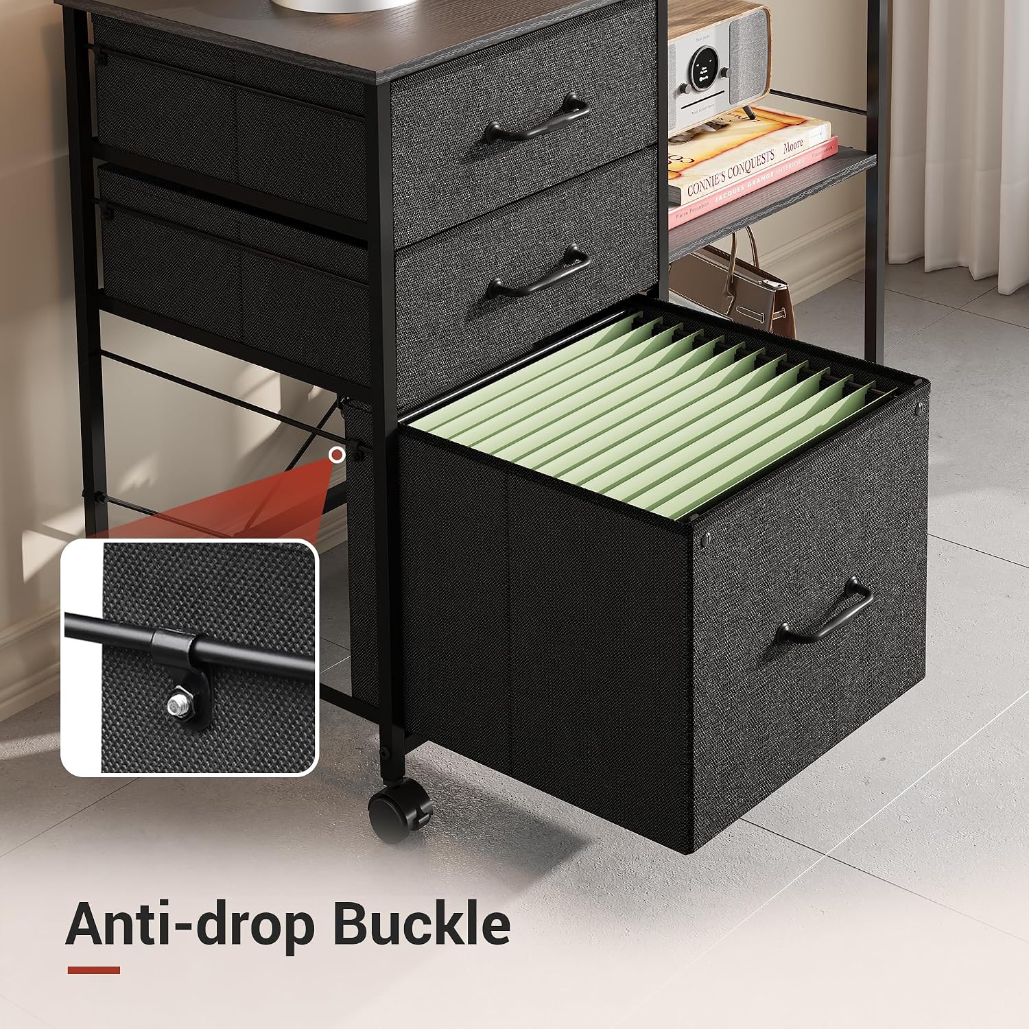 DEVAISE 3 Drawer Mobile File Cabinet with Open Storage Shelf | Rolling Printer Stand, Fabric Lateral Filing Cabinet fits A4 or Letter Size for Home Office, Black