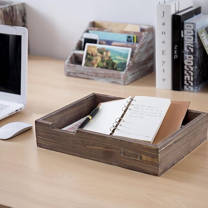 MyGift® Distressed Brown Vintage Wood Paper Tray, Office Desktop Document - Image 4