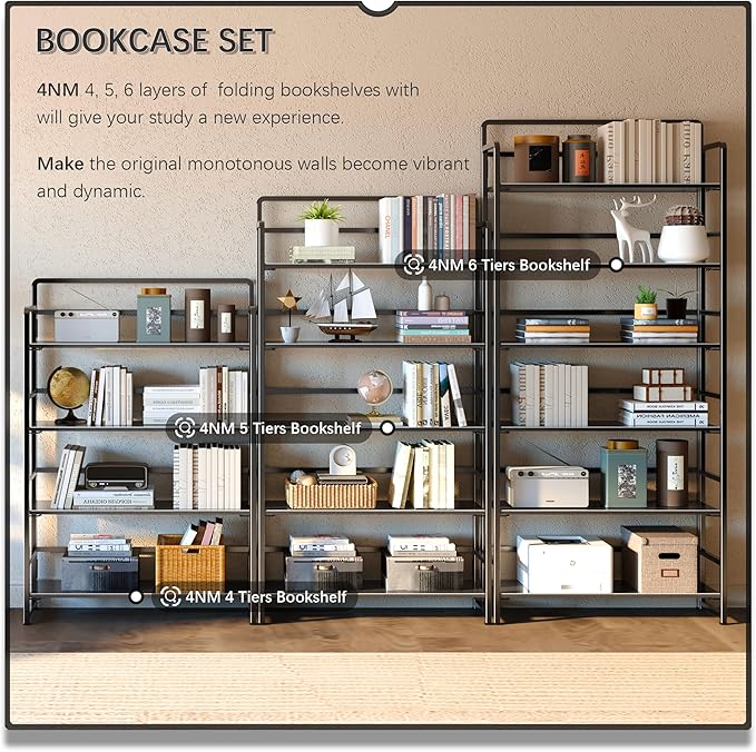 4NM No Assembly Extra Wide 5 Tiers Folding Bookshelf Storage Shelves Vintage - Image 5