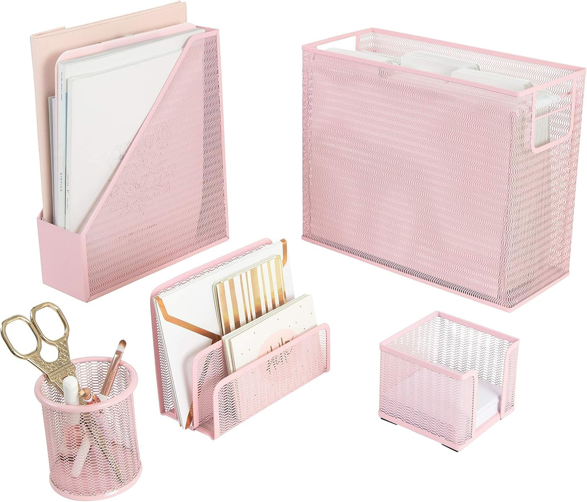 BLU MONACO | Pink Desk Organizer Set | 5 Piece Metal Office Desk Organizer wi...