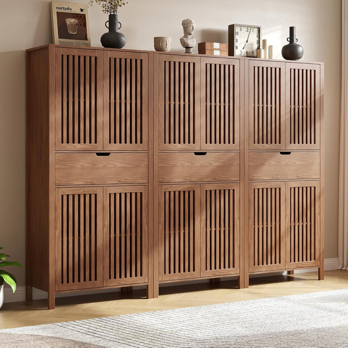 BVIUNTWO Set of 3 Rustic Brown 69" Tall Farmhouse Storage Cabinet with D...
