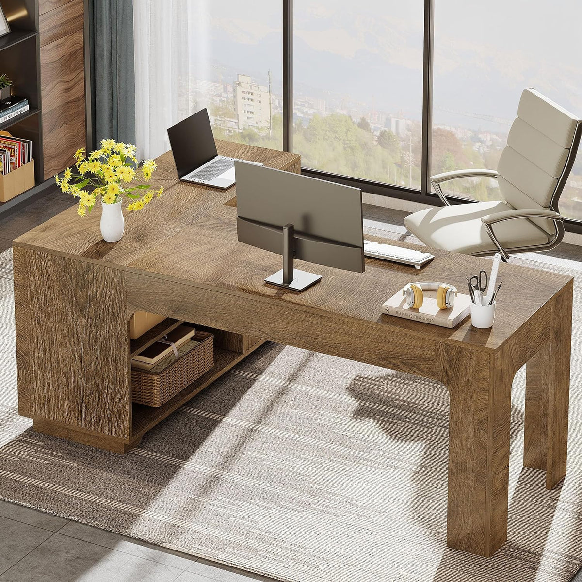 Tribesigns L-Shaped Desk with Storage Cabinet, 59-Inch Farmhouse Corner Compu...