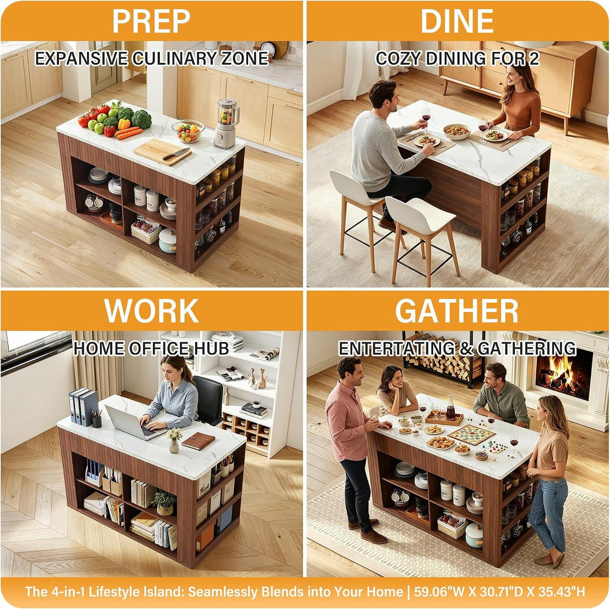 59" Kitchen Island with Storage & Seating for 2, Modern Stationary K...