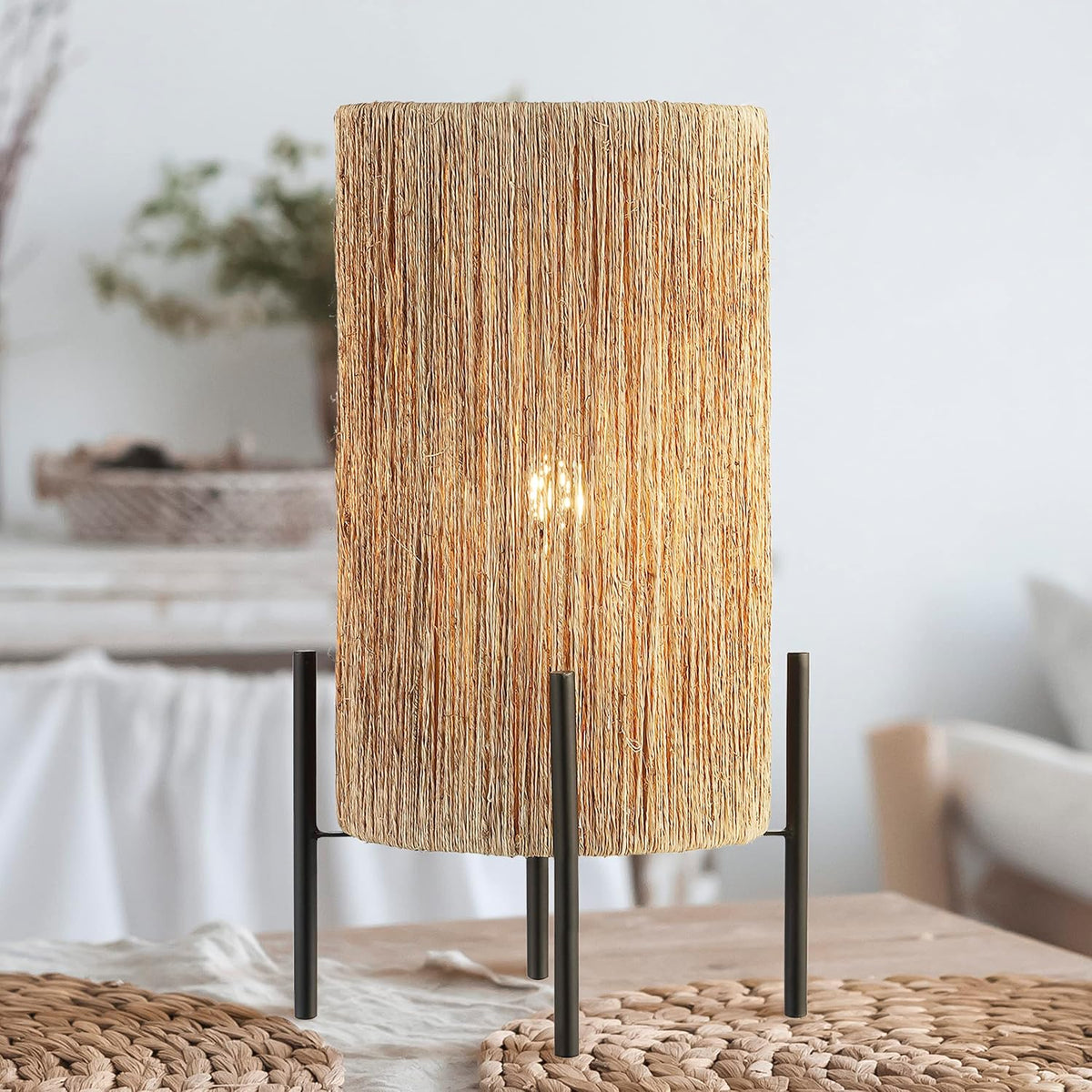 JONATHAN Y Kai Table Lamp Coastal Minimalist Rattan 16.5", Light Brown